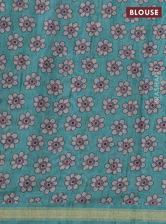 Art linen saree teal green and beige with butta prints and madhubani printed pallu