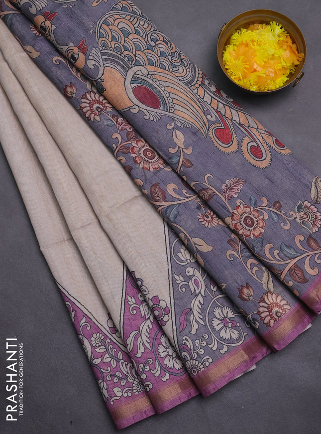 Art linen saree beige and grey with plain body and kalamkari printed pallu