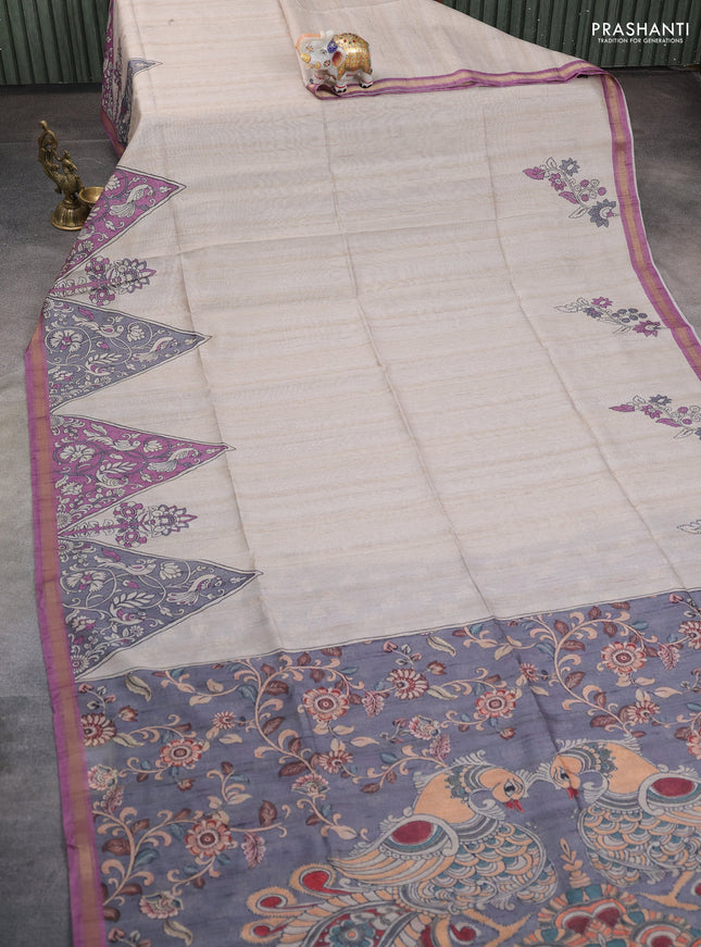 Art linen saree beige and grey with plain body and kalamkari printed pallu