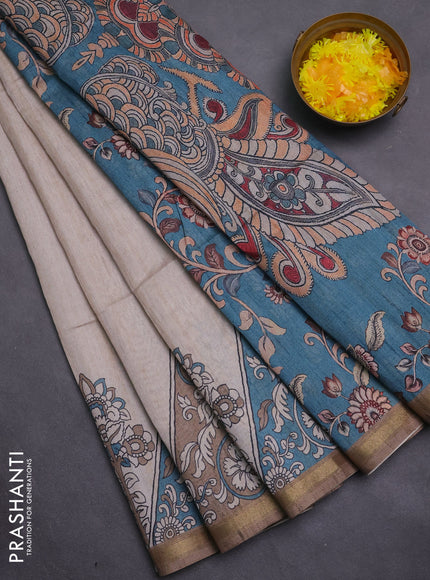 Art linen saree beige and peacock green with plain body and kalamkari printed pallu