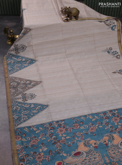 Art linen saree beige and peacock green with plain body and kalamkari printed pallu