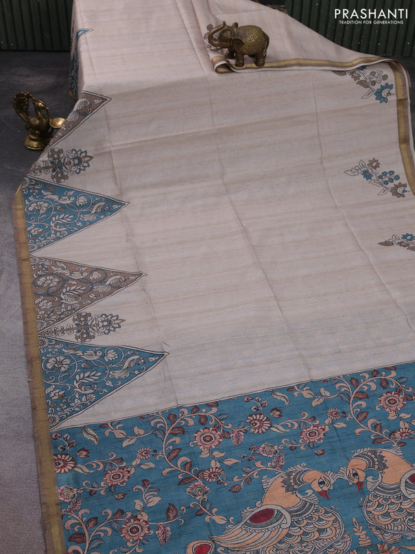 Art linen saree beige and peacock green with plain body and kalamkari printed pallu