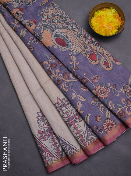 Art linen saree beige and grey peach pink with plain body and kalamkari printed pallu