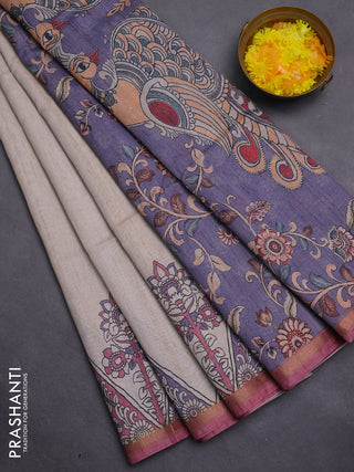 Art linen saree beige and grey peach pink with plain body and kalamkari printed pallu
