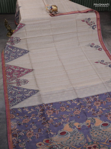 Art linen saree beige and grey peach pink with plain body and kalamkari printed pallu