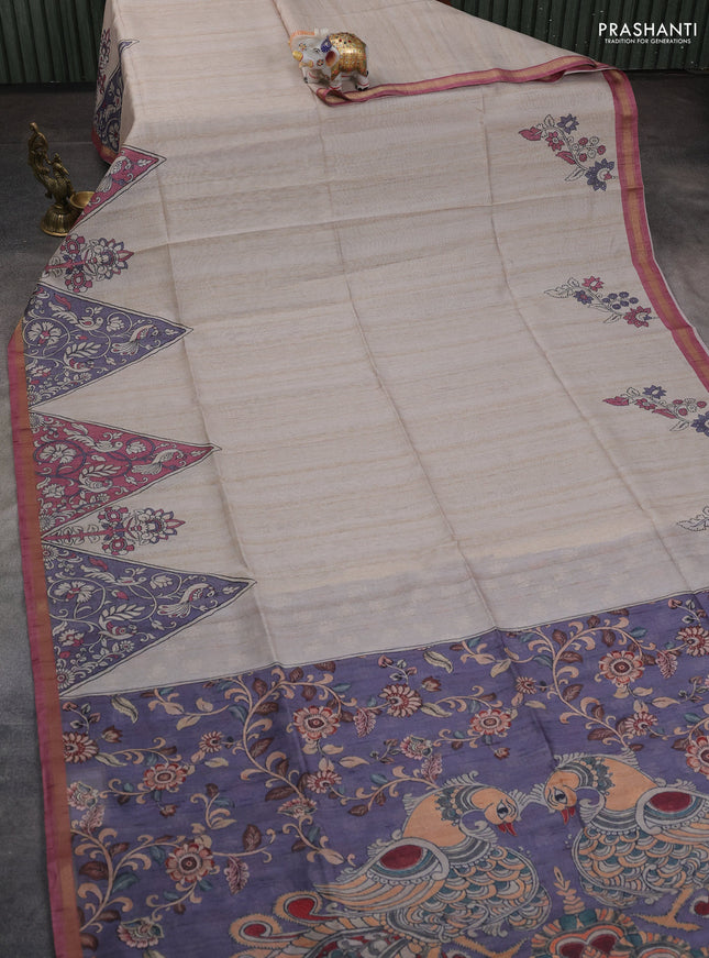 Art linen saree beige and grey peach pink with plain body and kalamkari printed pallu