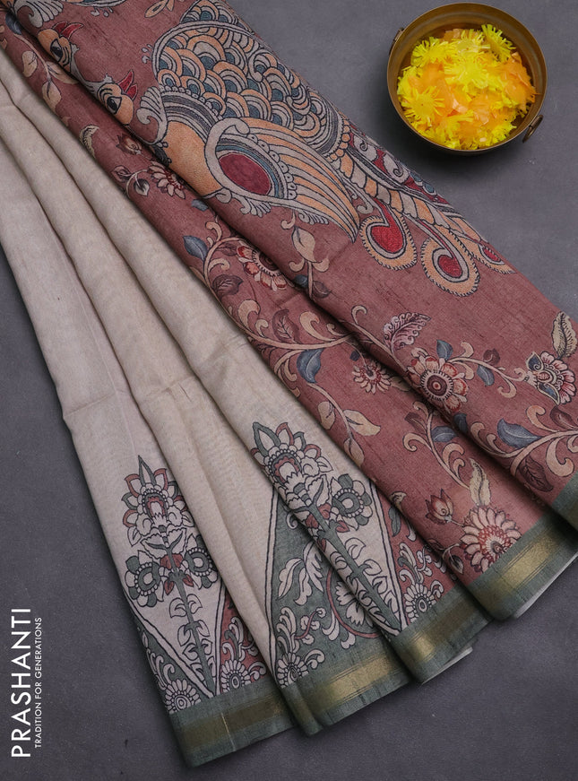 Art linen saree beige and brown with plain body and kalamkari printed pallu