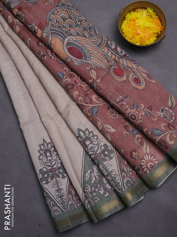 Art linen saree beige and brown with plain body and kalamkari printed pallu