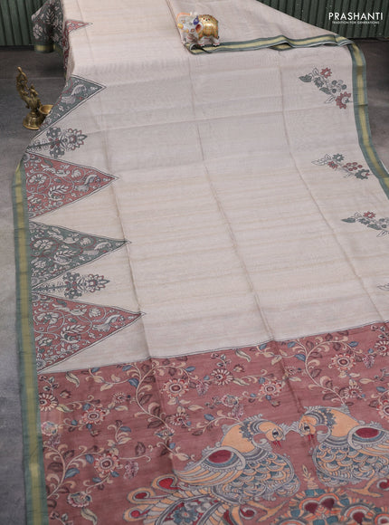 Art linen saree beige and brown with plain body and kalamkari printed pallu