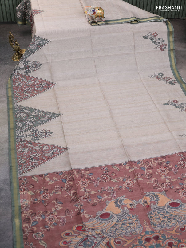 Art linen saree beige and brown with plain body and kalamkari printed pallu