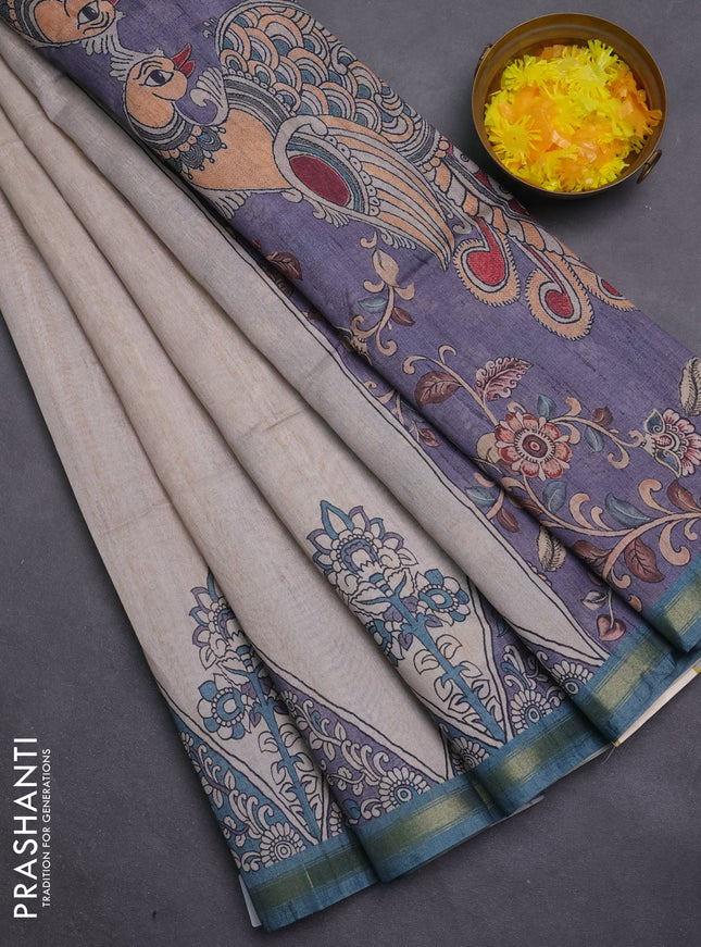 Art linen saree beige and grey teal blue with plain body and kalamkari printed pallu