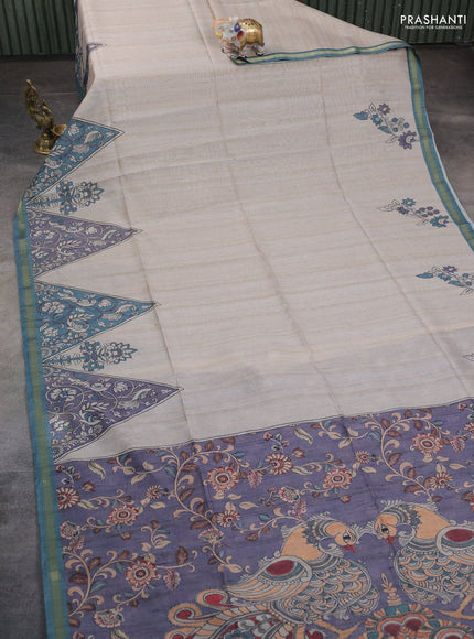 Art linen saree beige and grey teal blue with plain body and kalamkari printed pallu