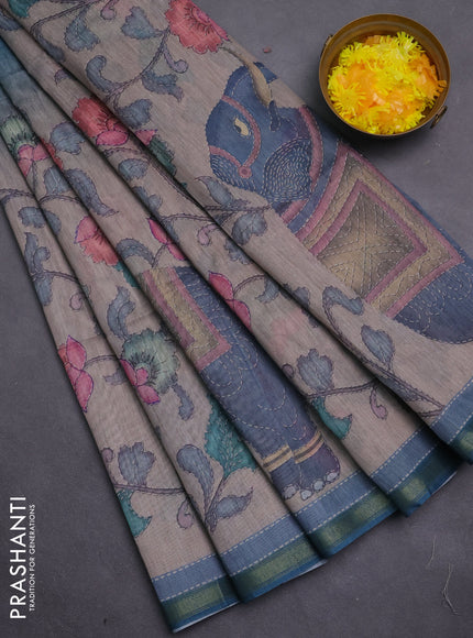 Art linen saree peacock blue and pastel grey with allover kalamkari prints and zari woven border