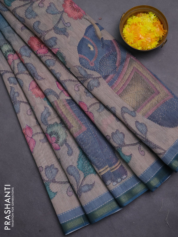 Art linen saree peacock blue and pastel grey with allover kalamkari prints and zari woven border