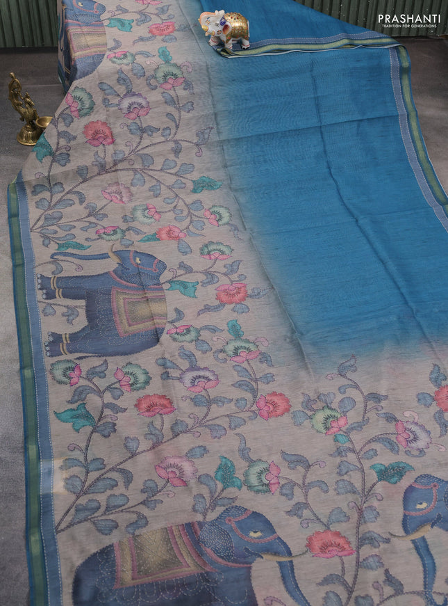 Art linen saree peacock blue and pastel grey with allover kalamkari prints and zari woven border