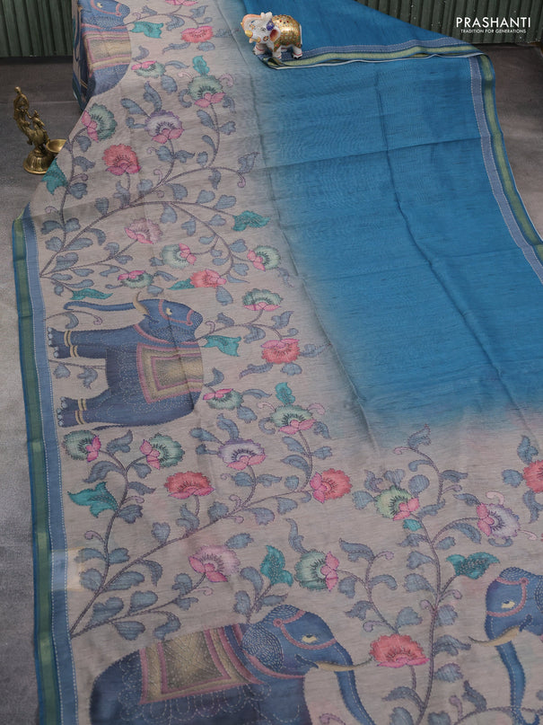 Art linen saree peacock blue and pastel grey with allover kalamkari prints and zari woven border
