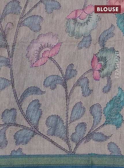 Art linen saree peacock blue and pastel grey with allover kalamkari prints and zari woven border