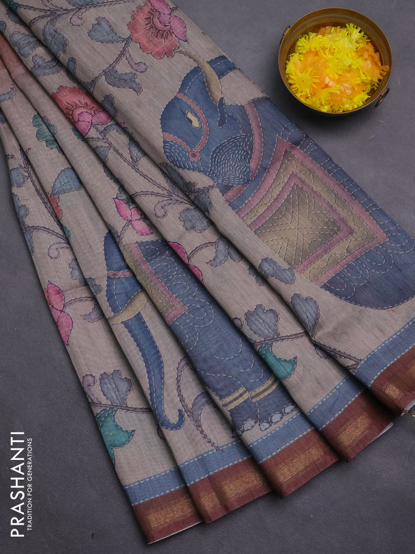 Art linen saree brown and pastel grey with allover kalamkari prints and zari woven border