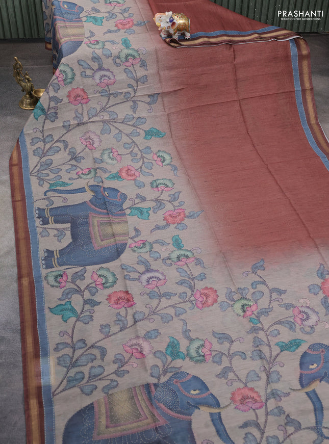 Art linen saree brown and pastel grey with allover kalamkari prints and zari woven border
