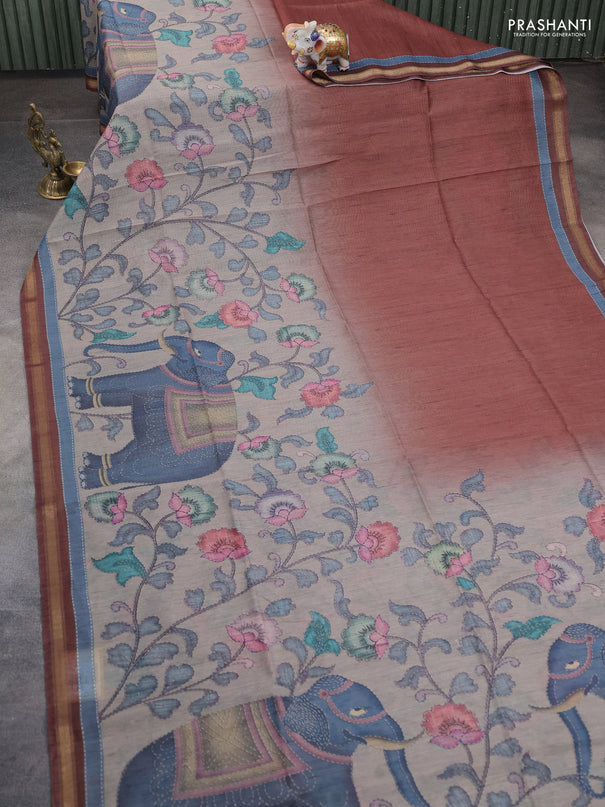 Art linen saree brown and pastel grey with allover kalamkari prints and zari woven border