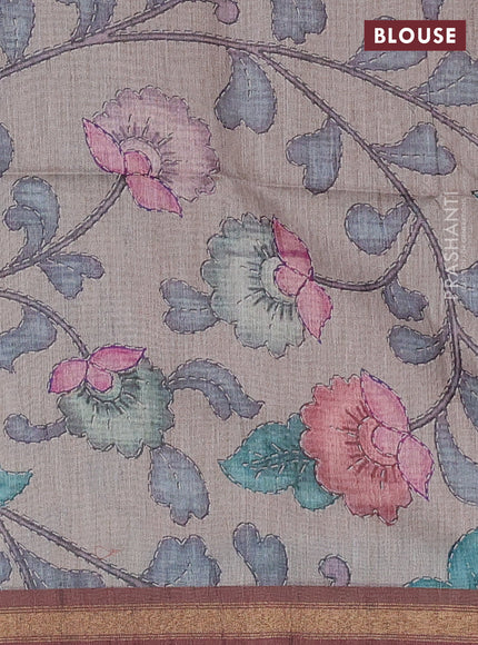 Art linen saree brown and pastel grey with allover kalamkari prints and zari woven border
