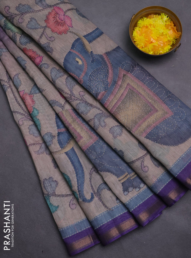 Art linen saree lavender and pastel grey with allover kalamkari prints and zari woven border
