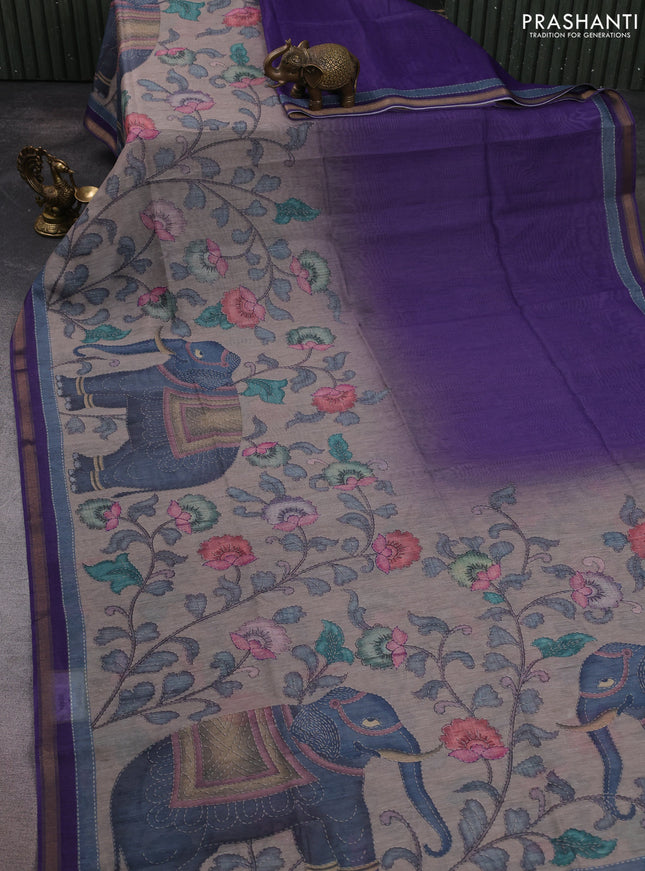 Art linen saree lavender and pastel grey with allover kalamkari prints and zari woven border