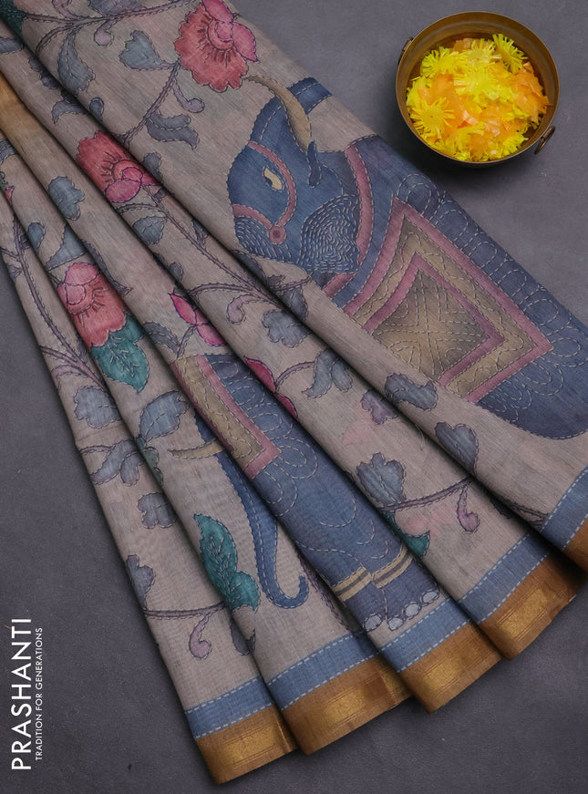Art linen saree mustard shade and pastel grey with allover kalamkari prints and zari woven border