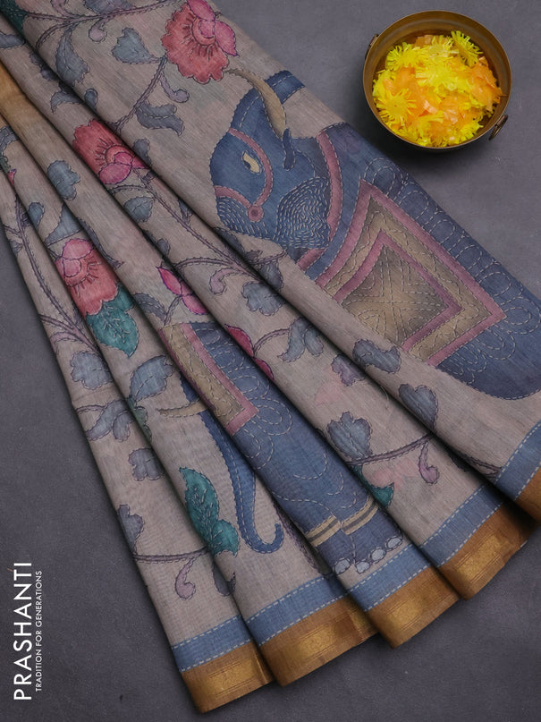 Art linen saree mustard shade and pastel grey with allover kalamkari prints and zari woven border