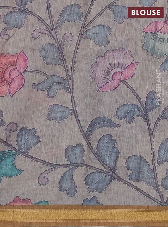 Art linen saree mustard shade and pastel grey with allover kalamkari prints and zari woven border