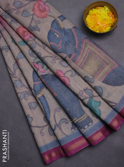 Art linen saree magenta pink and pastel grey with allover kalamkari prints and zari woven border