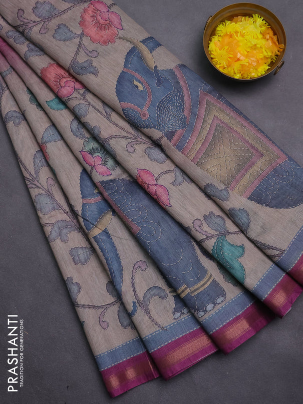 Art linen saree magenta pink and pastel grey with allover kalamkari prints and zari woven border
