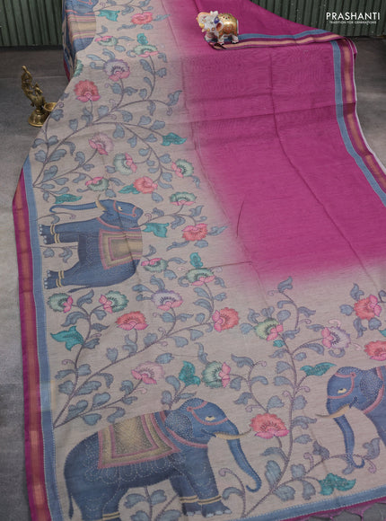 Art linen saree magenta pink and pastel grey with allover kalamkari prints and zari woven border