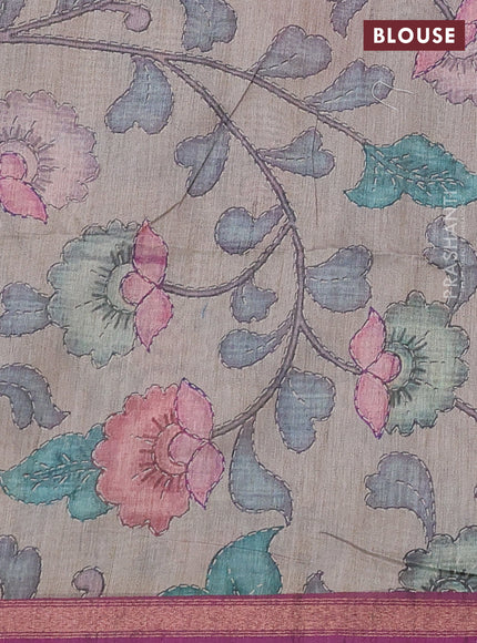 Art linen saree magenta pink and pastel grey with allover kalamkari prints and zari woven border