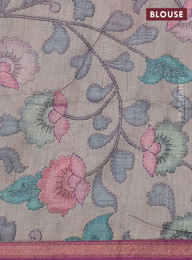 Art linen saree magenta pink and pastel grey with allover kalamkari prints and zari woven border