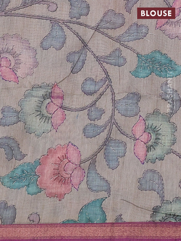 Art linen saree magenta pink and pastel grey with allover kalamkari prints and zari woven border