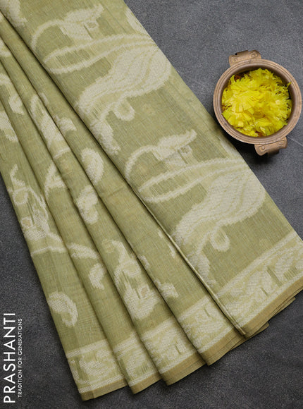 Linen cotton saree pista green with allover jamdhani weaves