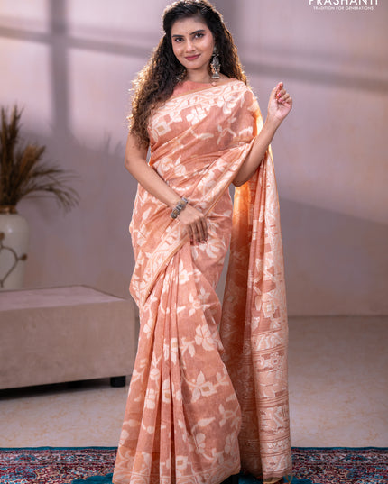 Linen cotton saree peach shade with allover jamdhani weaves