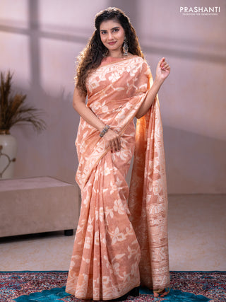 Linen cotton saree peach shade with allover jamdhani weaves