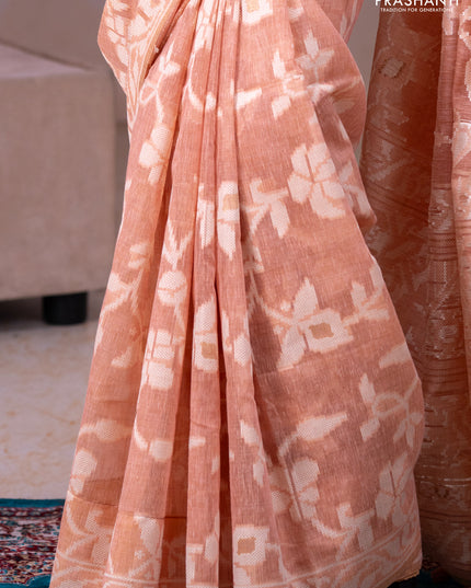 Linen cotton saree peach shade with allover jamdhani weaves