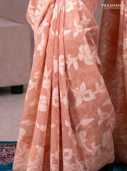 Linen cotton saree peach shade with allover jamdhani weaves
