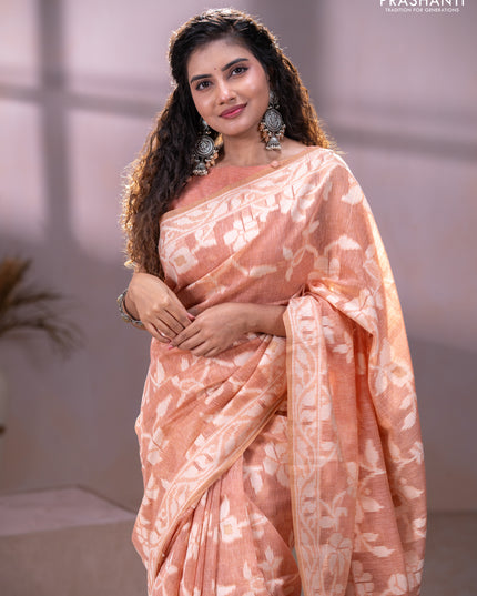 Linen cotton saree peach shade with allover jamdhani weaves