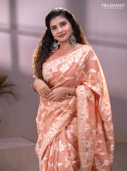 Linen cotton saree peach shade with allover jamdhani weaves