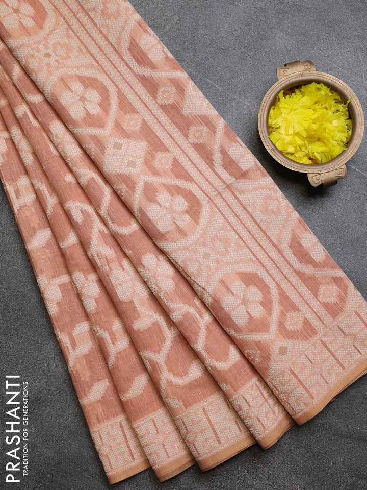Linen cotton saree peach shade with allover jamdhani weaves