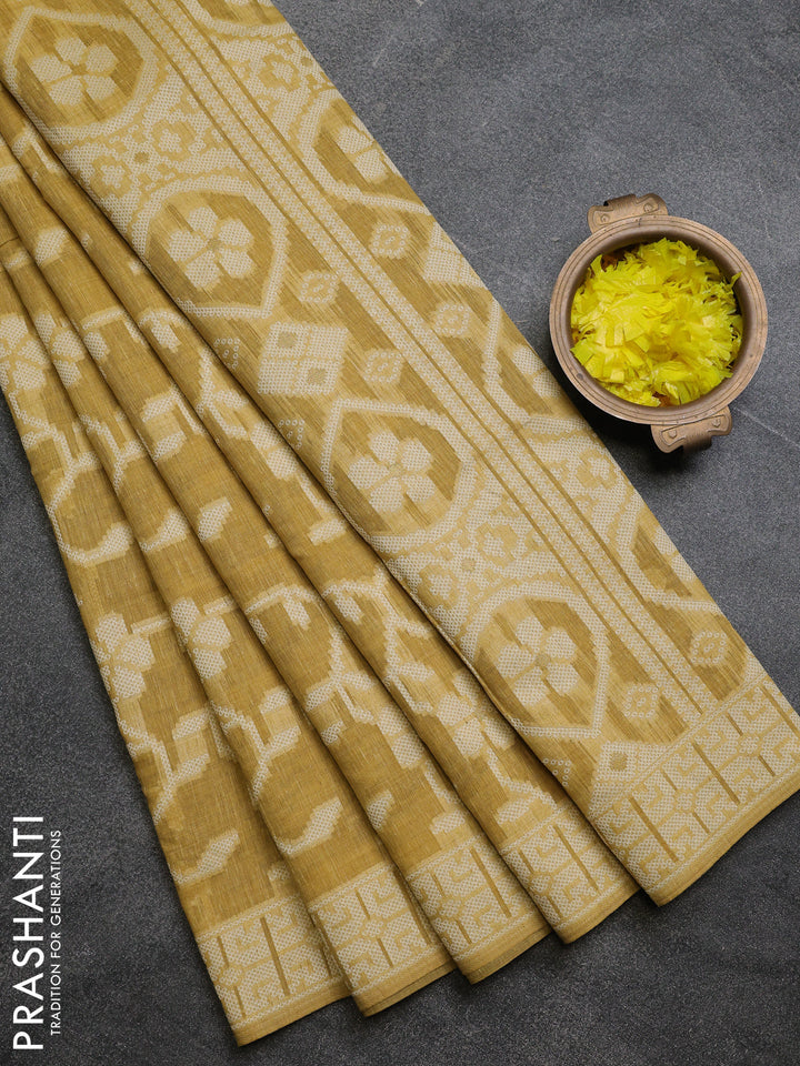 Linen cotton saree mustard yellow with allover jamdhani weaves