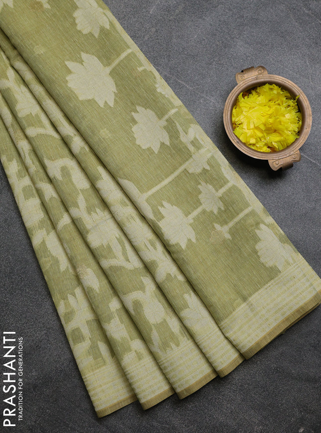 Linen cotton saree pista green with allover jamdhani weaves