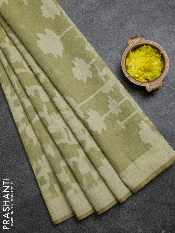 Linen cotton saree pista green with allover jamdhani weaves