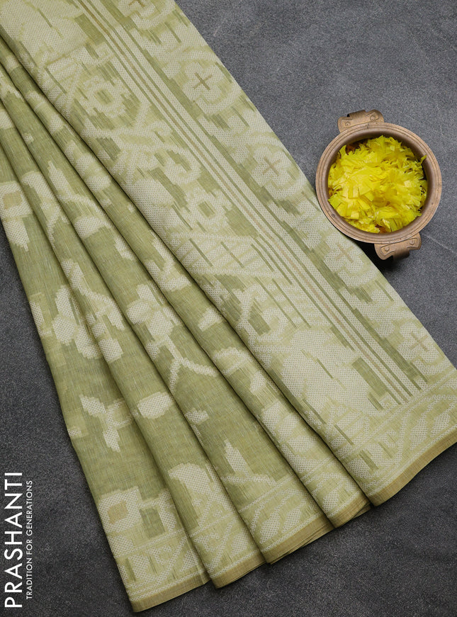 Linen cotton saree pista green with allover jamdhani weaves
