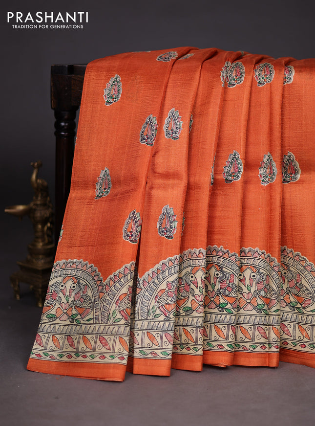 Madhubani printed silk saree orange with butta prints and madhubani printed border