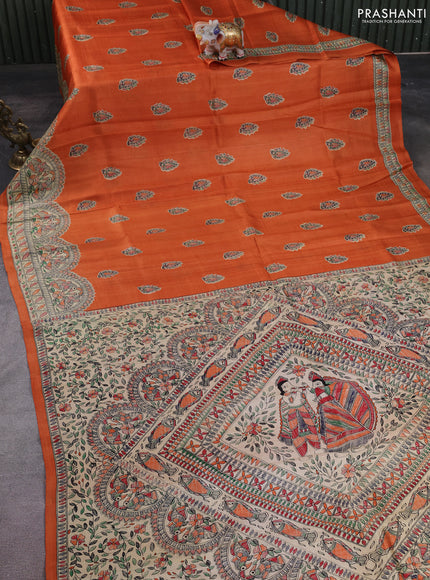 Madhubani printed silk saree orange with butta prints and madhubani printed border